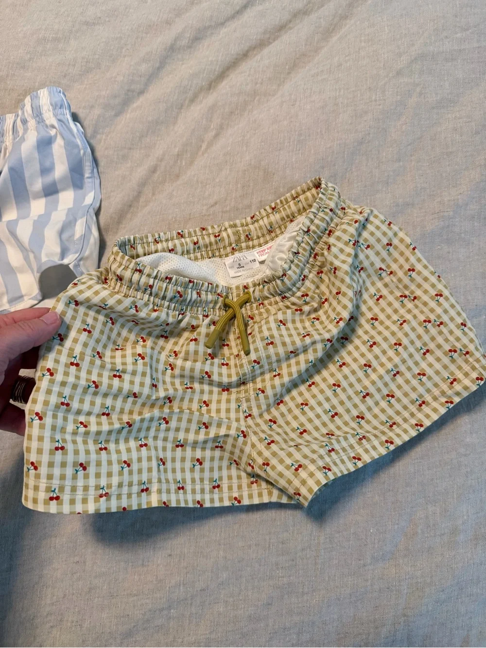 Zara Kids Boys Olive Gingham Cherry Swim Shorts, 5T